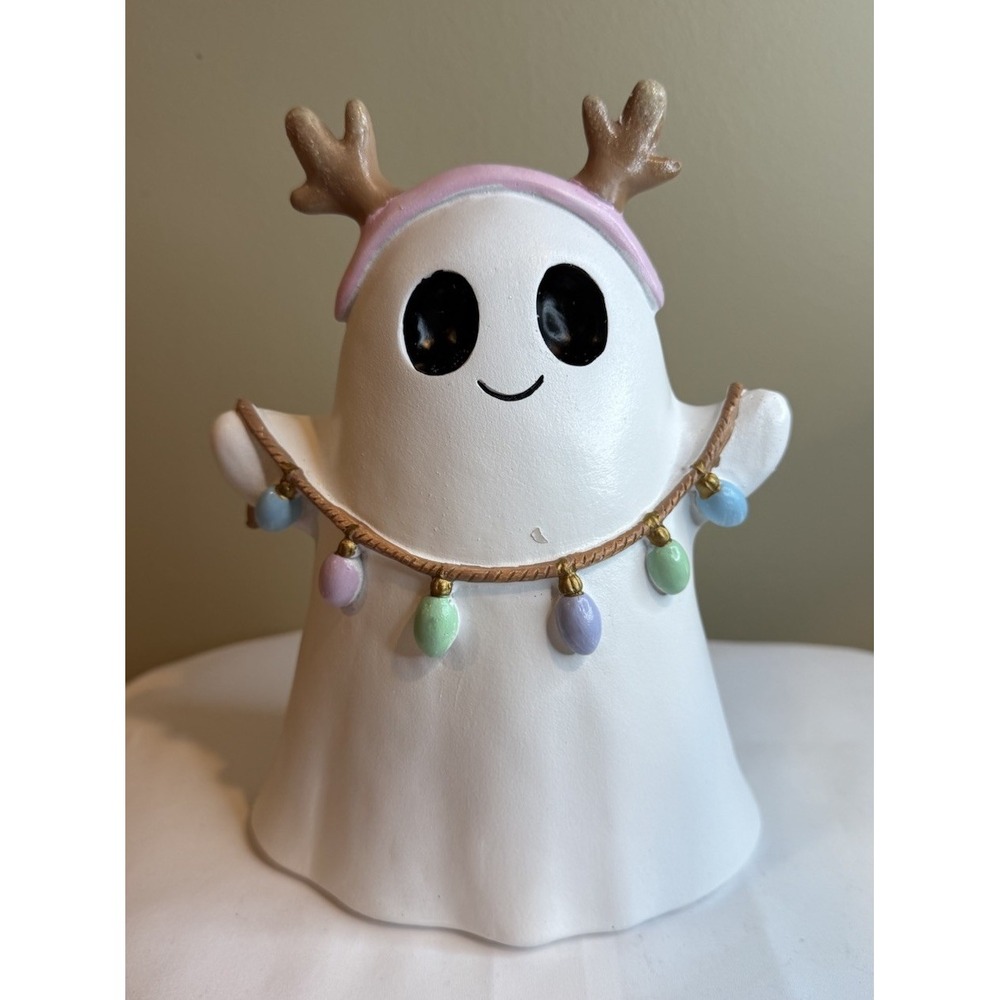 NEW Ghost Figurine Reindeer Headband W/ Christmas Lights Halloween Holiday Decor